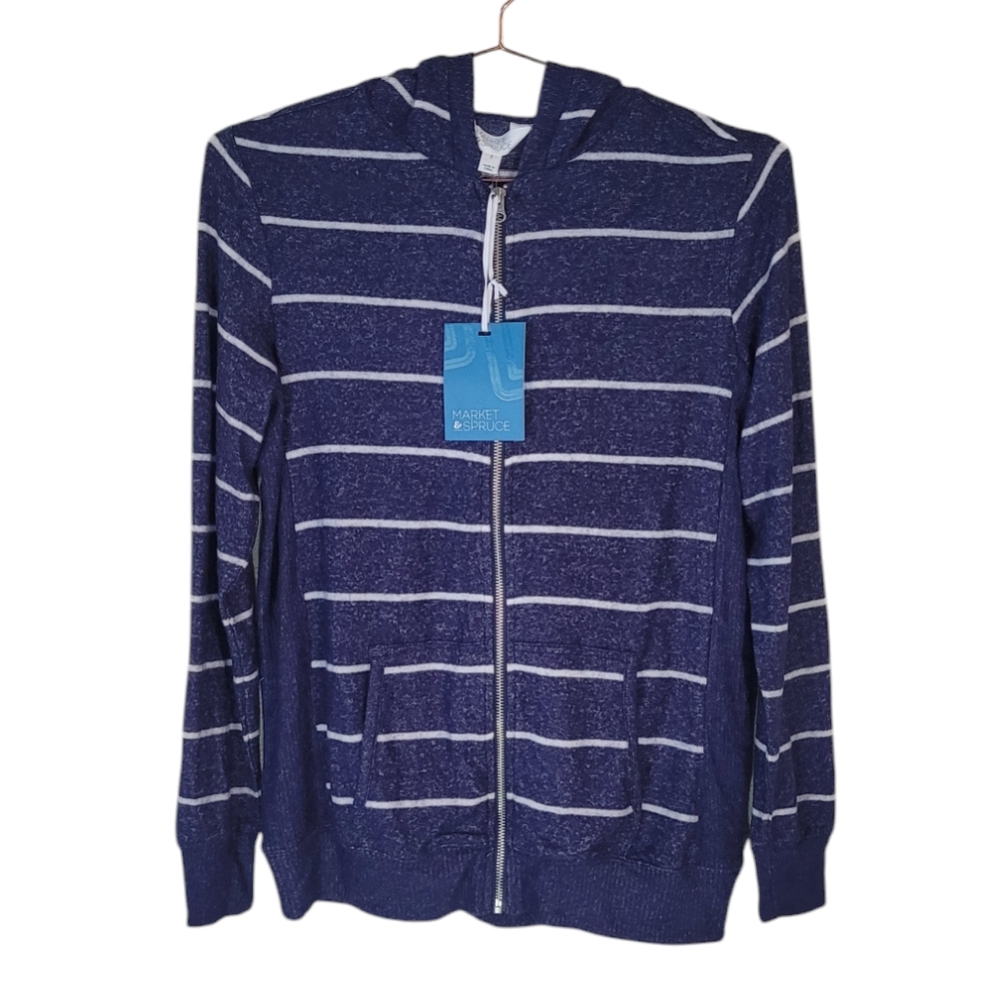 MARKET & SPRUCE Navy White Stripe Blakely Zip Up Hooded Brush Knit Top Size M
